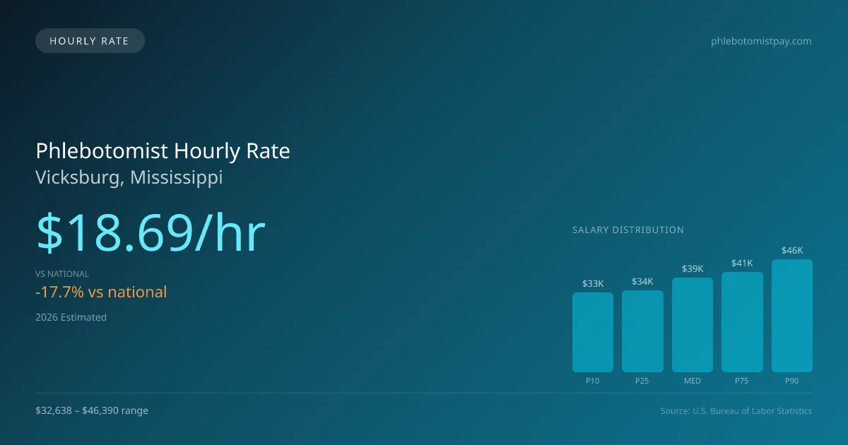 Phlebotomist Hourly Rate in Vicksburg, MS — 2026 est., based on 2025 BLS